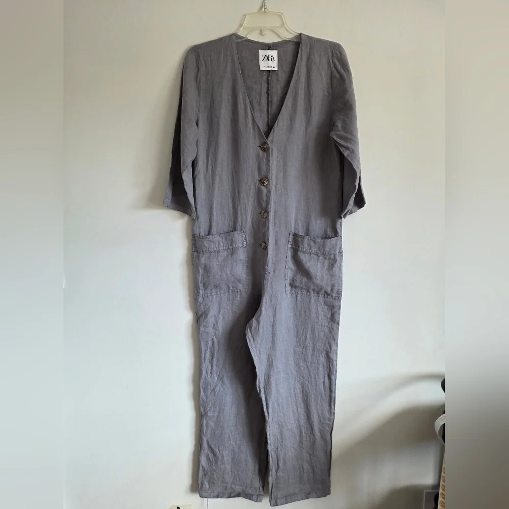 ZARA | Gray Lillian 100% Linen Button Front Jumpsuit SZ S